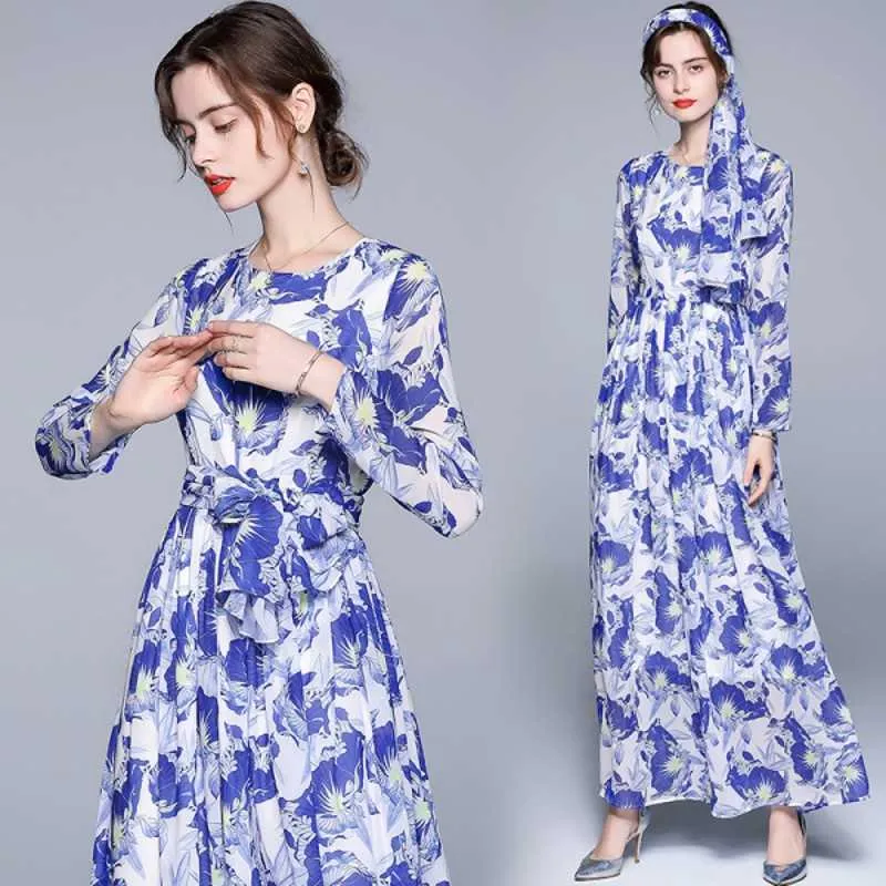 Summer Fashion Designer Holiday Dres's Casual Floral Print Chiffon Maxi 210531