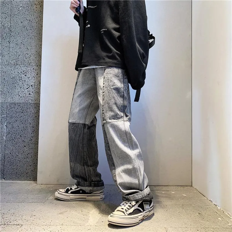 Erkekler Kot Patchwork düz geniş bacak gevşek artı beden sokak kıyafeti öğrencileri hip hop vintage all -maç moda günlük -40254j