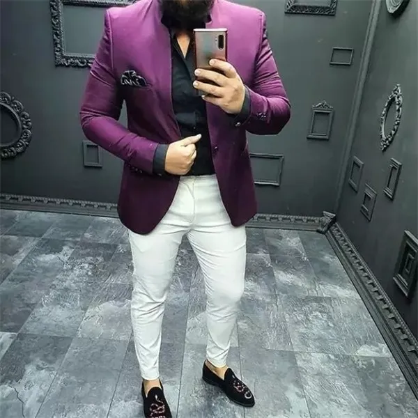 白いパンツの紫色のメンズスーツワンボタンスリムフィット2個（Tuxedos Jacket + Pants）ウェディンググルーミングTuxedos Prom Suit Blazer x0608