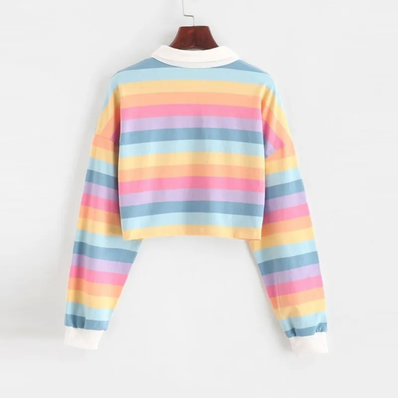 Polo Shirt Women Sweatshirt Long Sleeve Rainbow Color Ladies Hoodies With Button Striped Korean Style Sweatshirt Women 210522