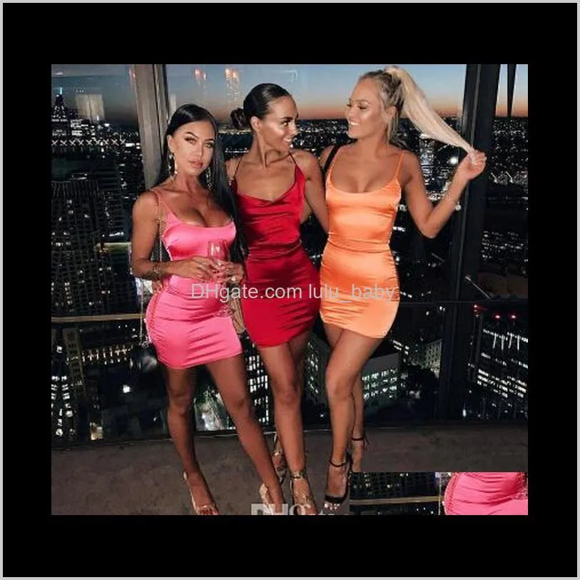 stretch satin mini dress women sexy straps slim fit bodycon party dress neon green pink dress dual-layered robe femme