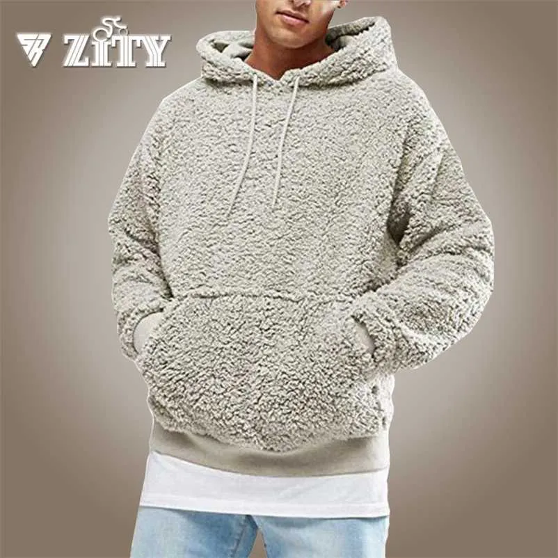 Mens Quente Faux Fur Fleece Hoodie Com Capuz Moletom Casual Pulôver Homens Roupas Cor Sólida Streetwear com Bolsos Canguru 220114