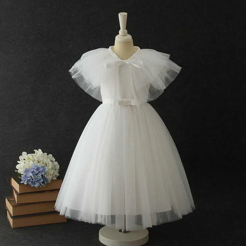 Flower Girl Dress With Cape Spring Style Gaze Flare Sleeve Ballroom Dresses for Wedding Party Kids Kläder E19002 210610