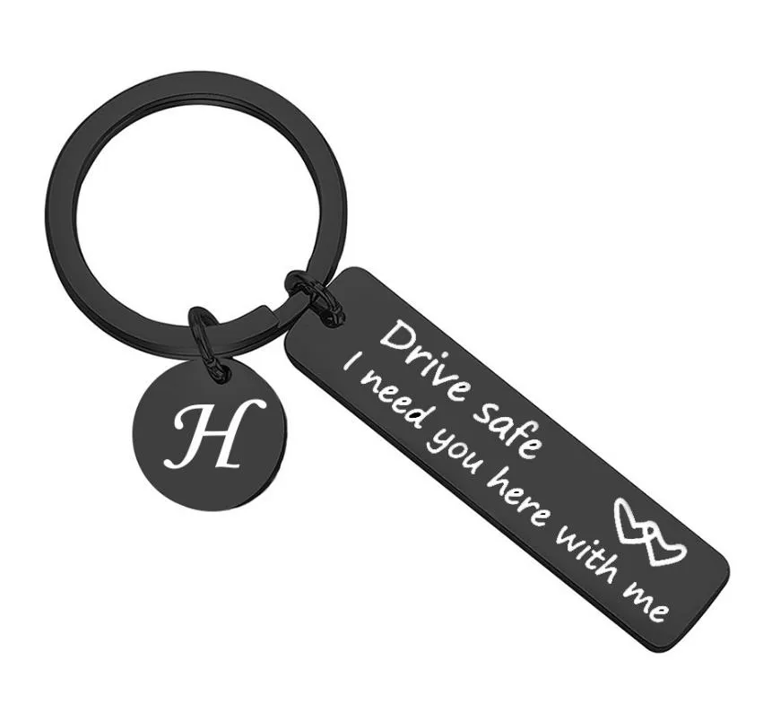 Drive Safe Keychain Present Favors for Trucker Husband Dad Boyfriend Birthday 26 Letters Black Key Rings +Box Handsome Valentines Day Party Gift