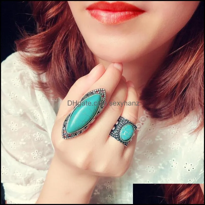 Wedding Rings Fashion Blue Turquoise Ring Vintage Tibetan Silver Finger Women Anniversary Jewelry