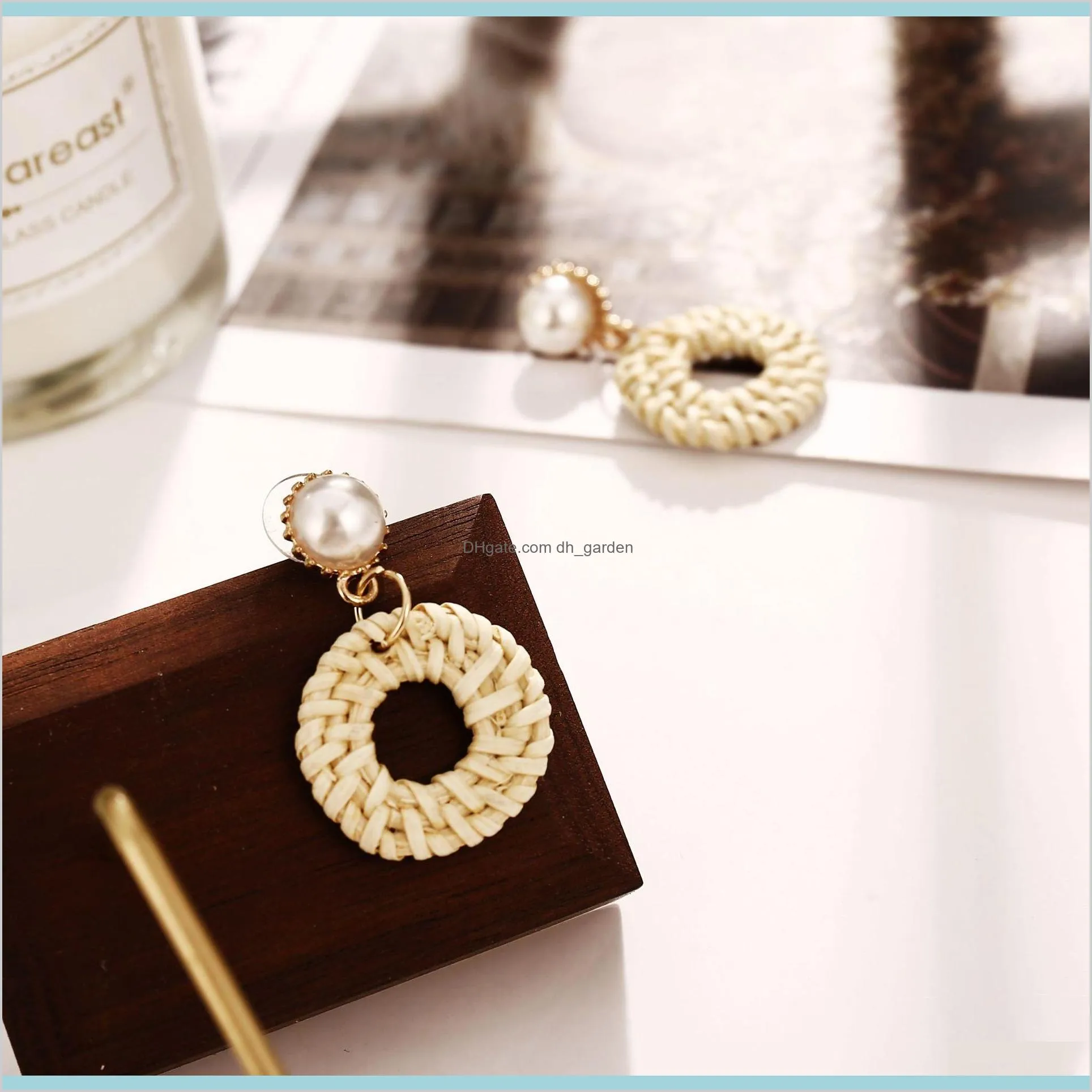 unique design small geometric stud earrings for women round circle earrings wooden imitation pearls creative woven beige earring