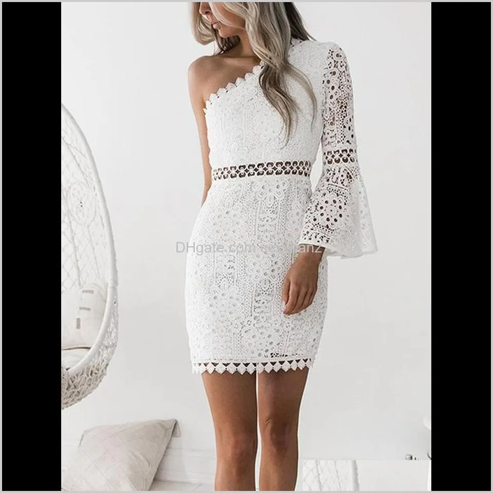 women white lace dress sexy one shoulder flare sleeve crochet bodycon hollow out clubwear mini party casual dresses