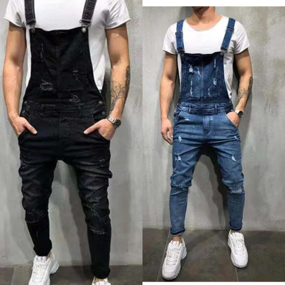 2021 moda homens rasgados de uma peça jeans jeans jumpsuits casual buraco angustiado denim bib macacão para homem calças suspensas s-xxxl x0621