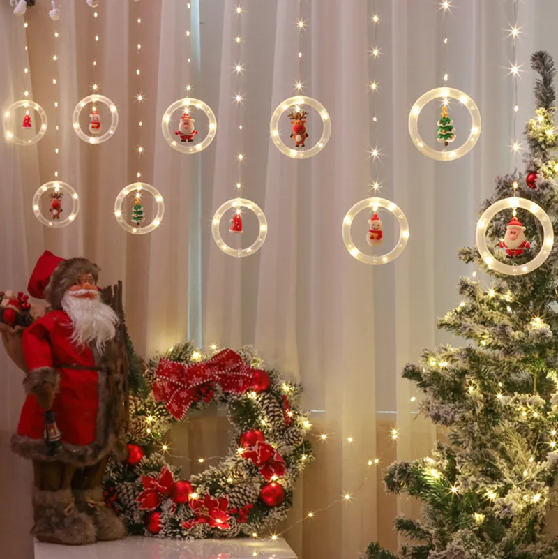クリスマスカーテンストリングライト125 LEDハンギングライトサンタクロースクリスマスツリートナカイの装飾