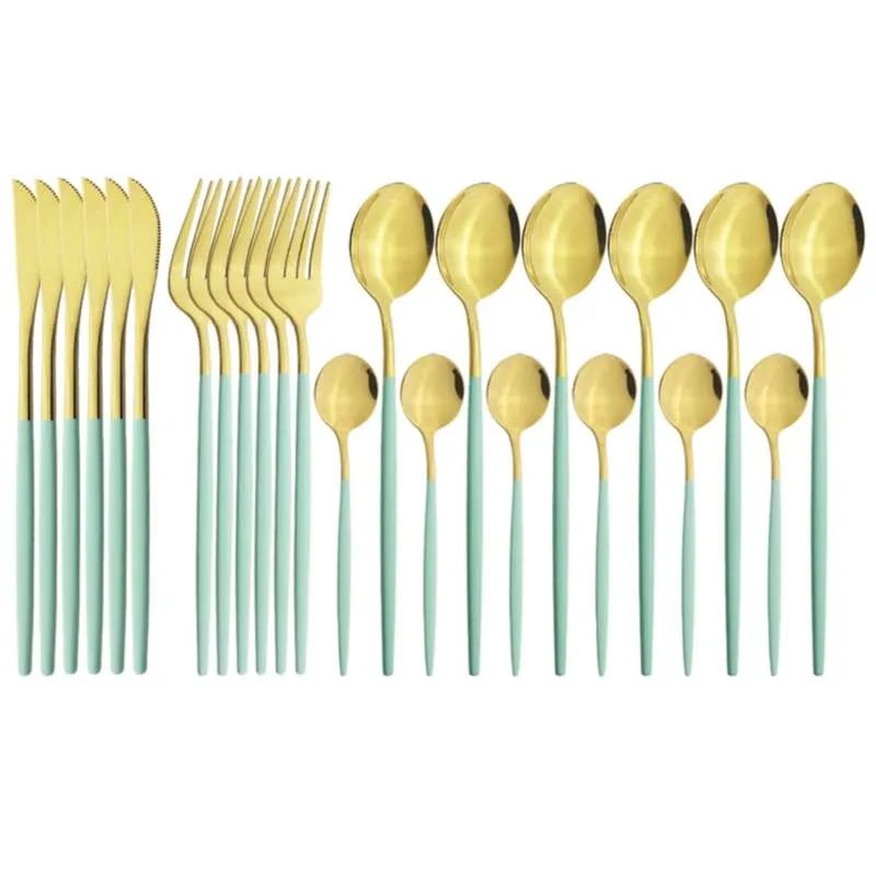 24st / set rostfritt stål guld dinnerware mint middag kniv gafflar kaffe sked bestick köksplattor silverware 210928