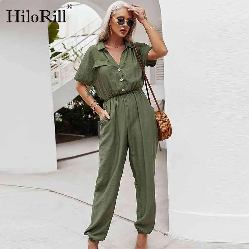 Solid Casual Bodysuit Kvinnor Mode Slå ner Krage Kortärmad Jumpsuit Holiday Elastic Midja Ladeis Overaller 210508