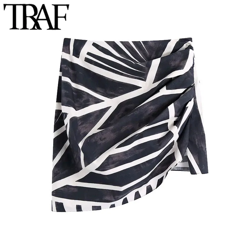 TRAF女性シックなファッションドレープ非対称ミニスカートヴィンテージハイウエストサイドジッパーメススカートMujer 210415