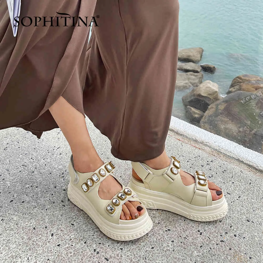 SOPHITINA Sandali robusti Donna Fashion Gem Platform Sandali in pelle All-Match Hook Loop Flat Summer Concise Lady Shoes AO918 210513