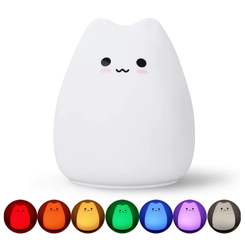 Lâmpada de luminária LED da luz LED de Topoch Touch Lamp AAA alimentado por 7 cores 2 modos Kawaii mini fofo gato em forma de gato Pat macio de silicone