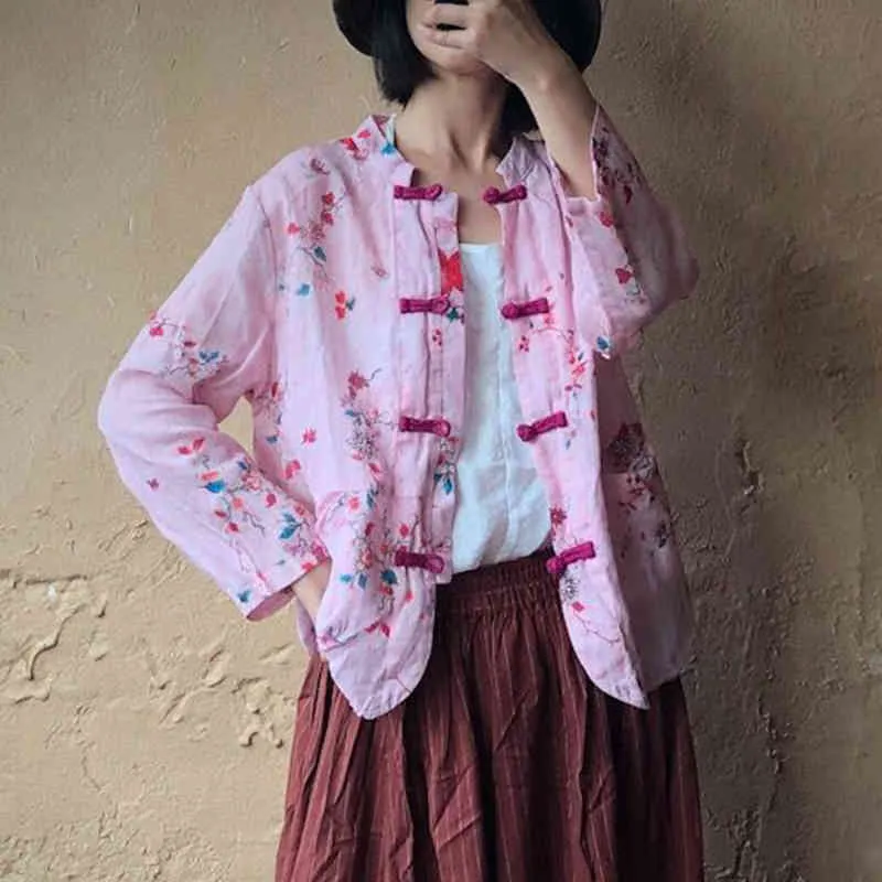 Johnatur herfst roze print bloem ramie jassen vintage volledige mouw o-hals Chinese stijl losse vrouwen vest linnen jassen 210521