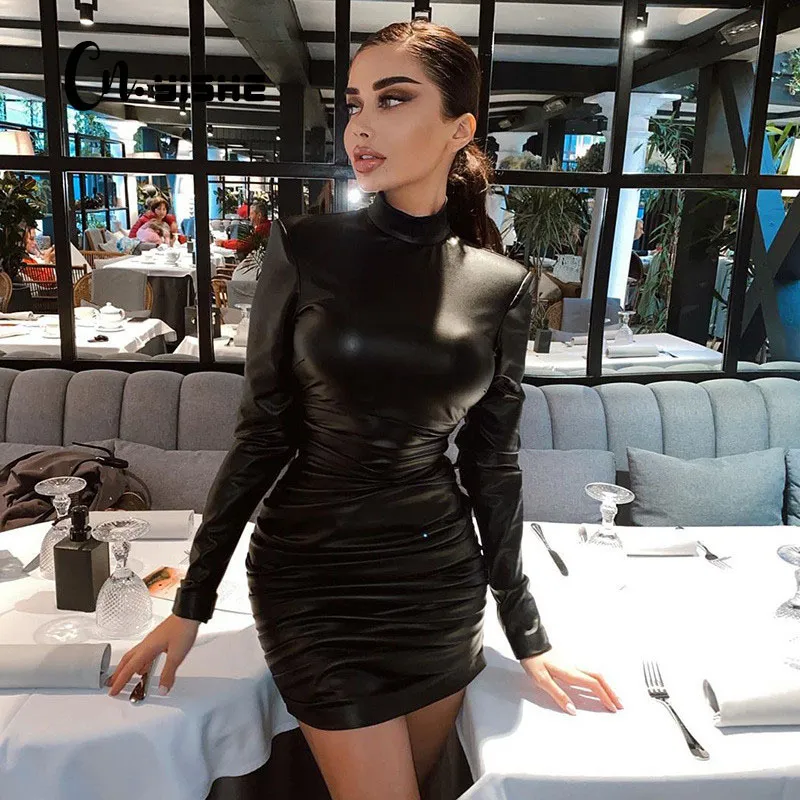 Cnyishe Kış Balıkçı Yaka Dantelli Mini Elbise Kadın Moda PU Deri Kıyafet Kulübü Parti Uzun Kollu Kadın Elbiseler Bodycon Vestido 210419