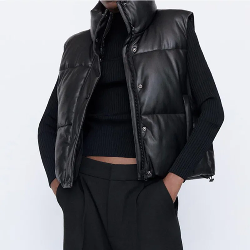 ノースリーブパーカーコート冬の女性のジャケットスタンド襟トップ調節可能な裾PUレザージャケットベスト女性のコート女性ウィストコート210422