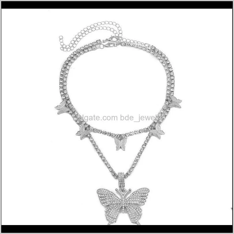 2pcs women statment big butterfly pendant necklace rhinestone chain for bling crystal choker jewelry chokers