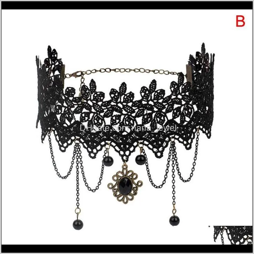 Women Gothic Punk Style Gem Decoration Black Lace Beads Choker Collar Necklace Chocker Jewelry WAJ0634