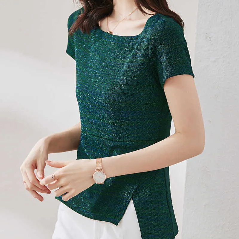 Koreańska Moda Kobiety Bluzki Kobieta Solidna Koszula Cekinowa Panie Rozłam Top Plus Size Blusas Mujer de Moda 210531