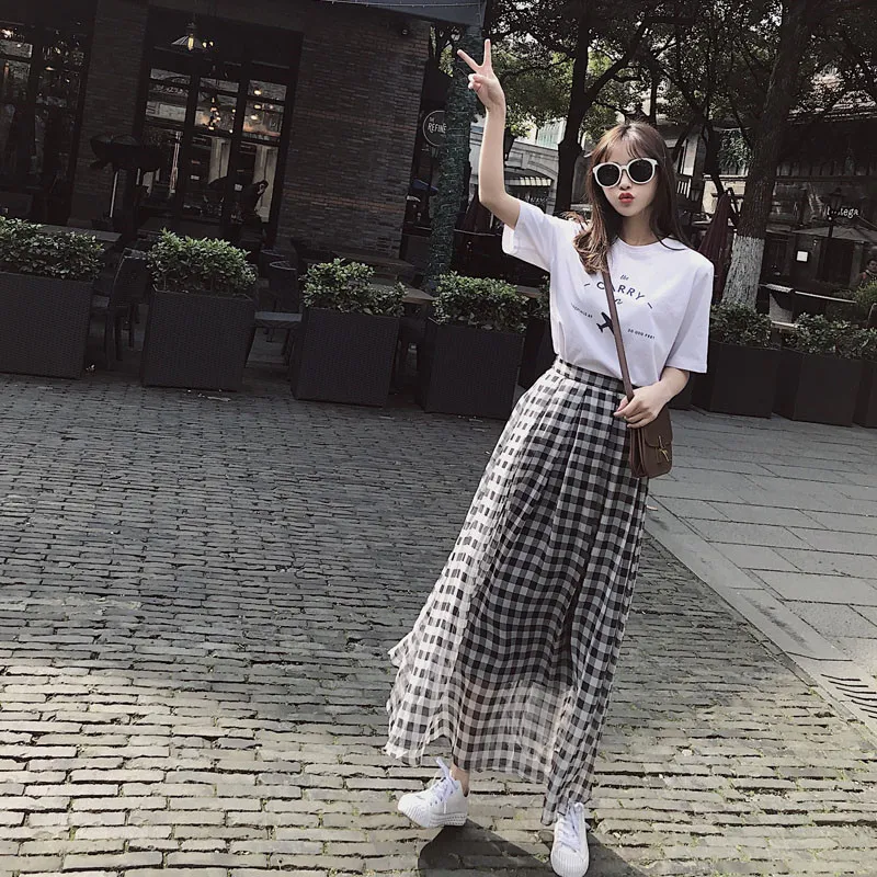 High Waisted Black And White Plaid Chiffon Maxi Gingham Skirt For