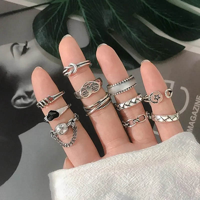 Clusterringen 11 stijlen oude zilveren kleur knokkel voor vrouwen Koreaanse vintage hartketen open maat wijsvinger ring femme boho sieraden