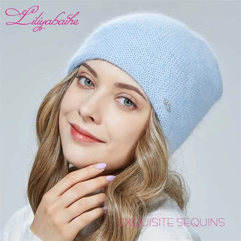 Liliyabaihe Women hat Knitted double layer for warmth Angora wool Front diamond decoration For girl Three-dimensional sewing 211229