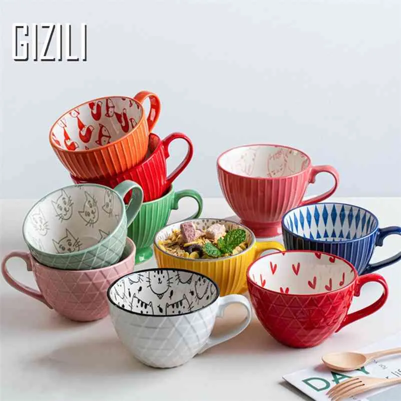 Gizili Cerâmica Canecas Copo De Café De Café Cereal Cereal Cereal Cerâmica De Cerâmica Leite Casa Grande Capacidade De Aveia Caneca Decoração Home 210804