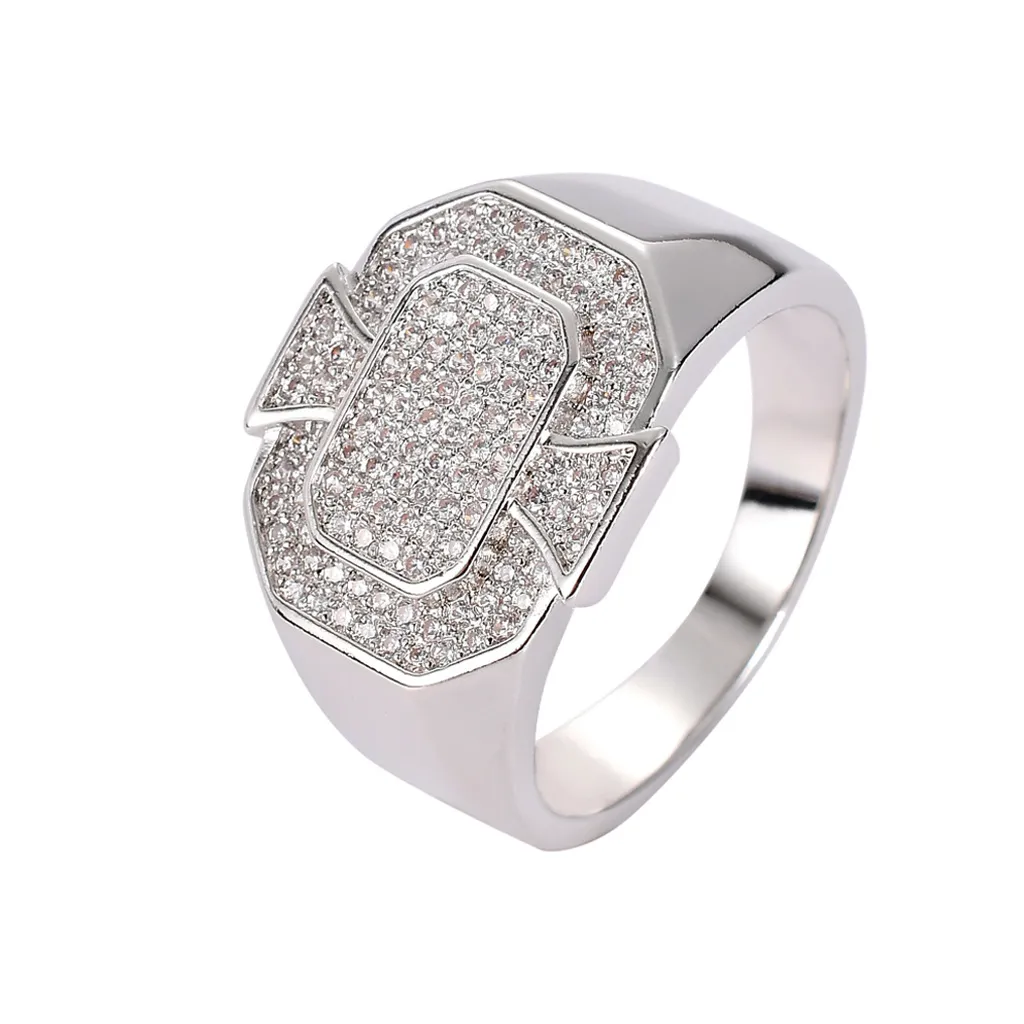 Anéis BlingBling CZ para homens geométricos Hip Hop banhados a ouro e prata joias geladas anel de diamante completo2554