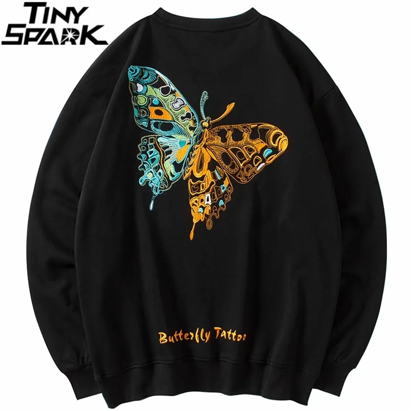 Männer Hip Hop Sweatshirt Streetwear Pullover Stickerei Schmetterlings-Sweatshirt Baumwolle Beiläufige Hoodie Sweat Shirt Hipster Schwarz 210728