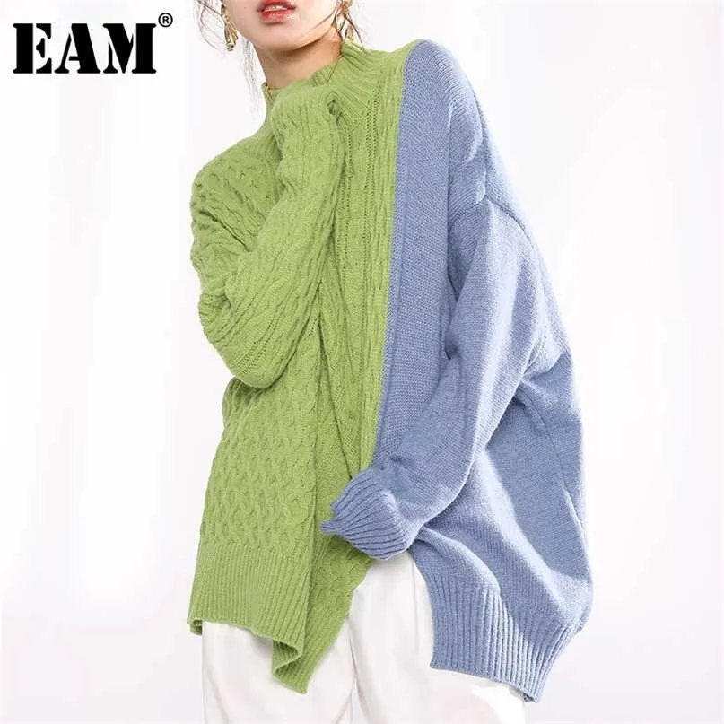 [EAM] gris bleu pull à tricoter irrégulier lâche col roulé à manches longues femmes pulls mode automne hiver 1Y21906 211011
