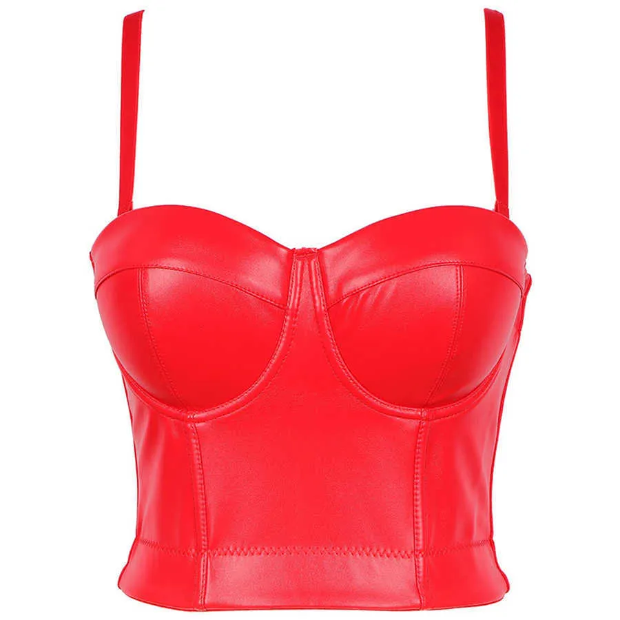 Top Femmes 2021 Sans manches Camis noires Sexy Sexy avec soutien-gorge intégré Push up Bralette Pu en cuir Nightclub Performance X0726