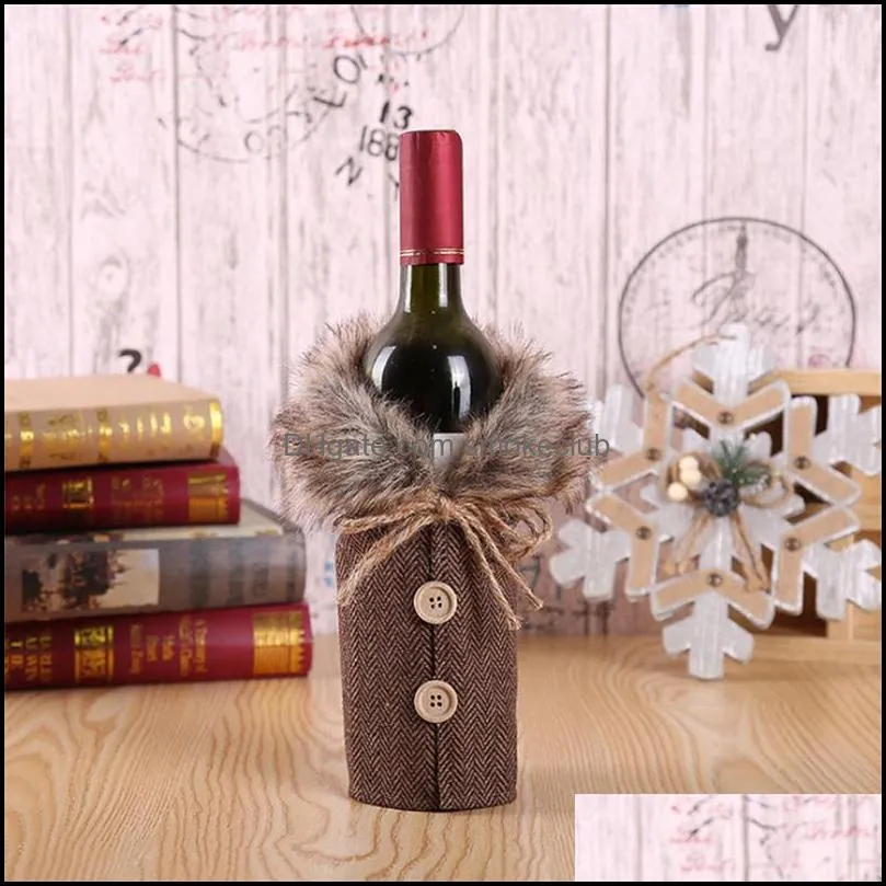 DHL Creative New Wine Cover with Bow Plaid Linen Bottle Clothes with Fluff Creative Wine Bottle Cover Fashion Christmas Decoration