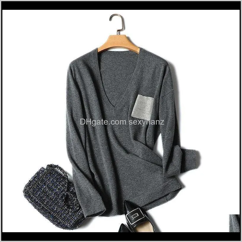 v neck knitted women pocket long sleeve autumn 2021 pink pullovers 100% cashmere sweater