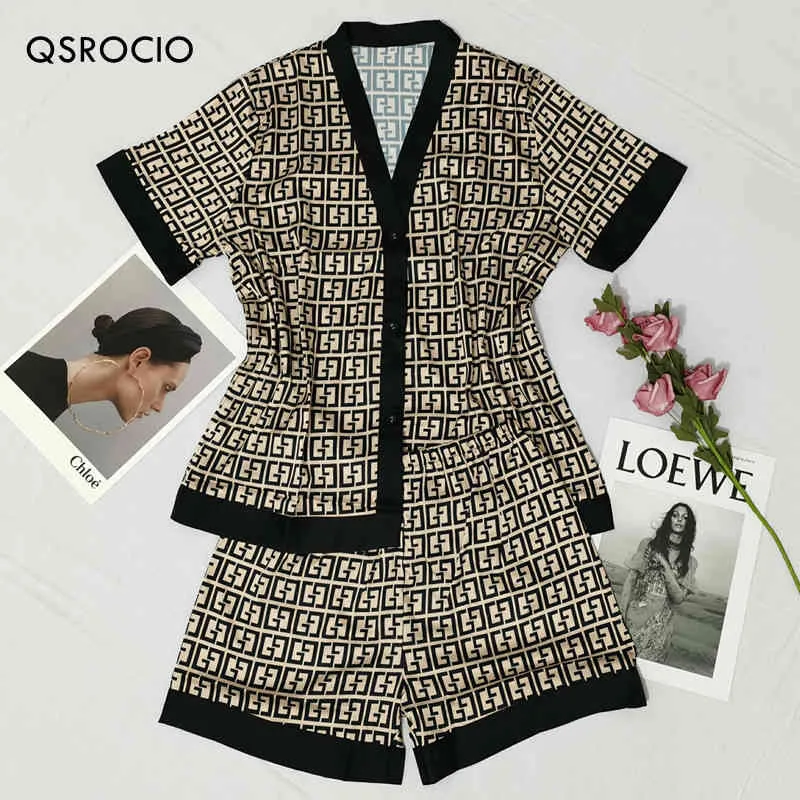 QSROCIO Ensemble de Pyjamas pour Femmes Mode de Luxe Lettres croisées imprimées à Manches Courtes vêtements de Nuit en Soie comme vêtements de Loisirs pour la Maison vêtements de Nuit