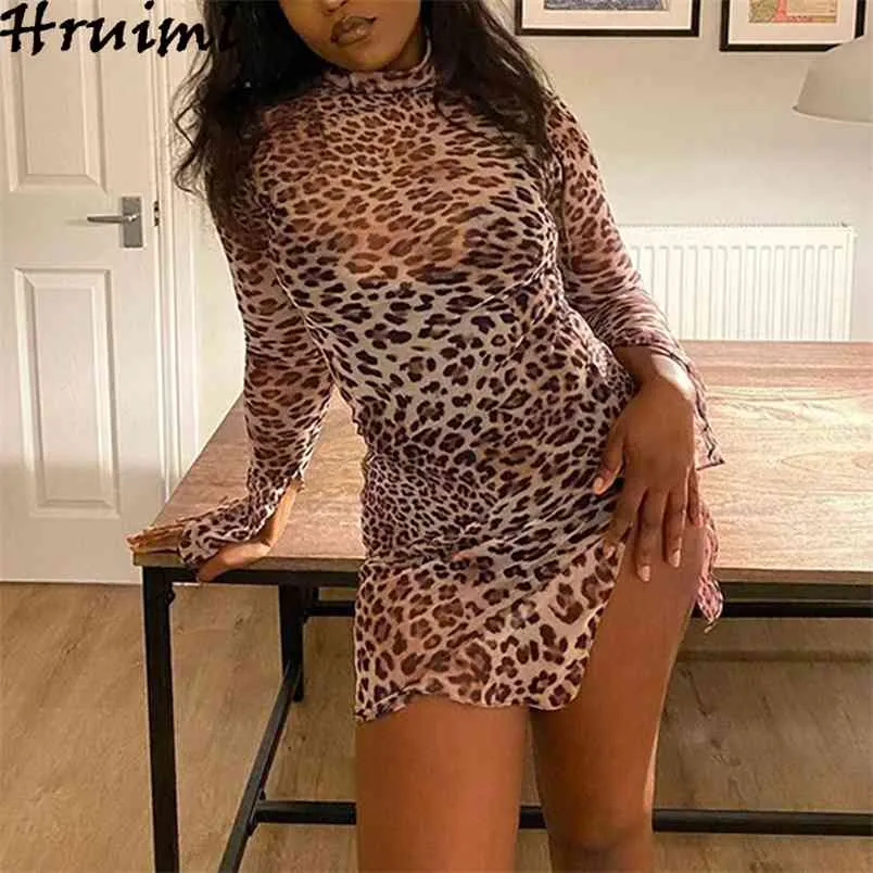 Sexklänning Leopard Försäljning Mesh See Through Sexy Club Dresses Women Skinny Lår Slit Långärmad Vestido de Mulher 210513