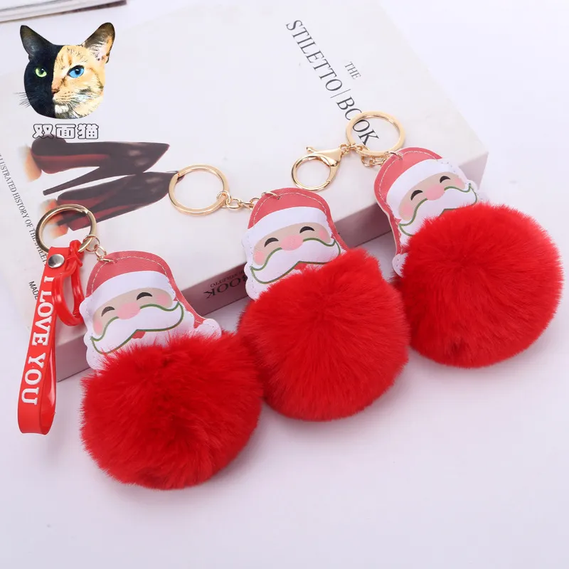 Big Red Santa Claus Fluffy Key Chain Party Gifts Faux Rabbit Fur Ball Pom Keychains Women Bag KeyRing HH21-465