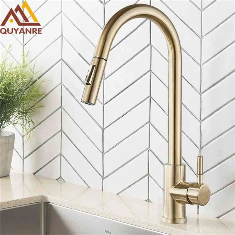 Quyanre Brushed Gold Kitchen Faucet Pull Out Kitchen Sink Water Tap Single Handle Mixer Tap 360 Rotation Kitchen Shower Faucet 210719