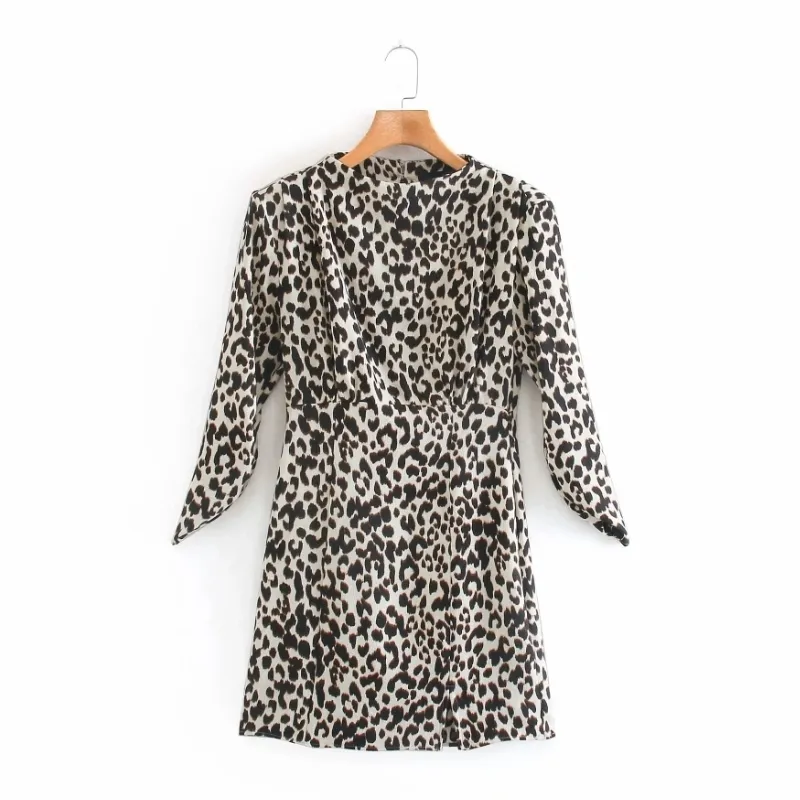 Kobiety Leopard Drukuj Ramię Plising Mini Sukienka Dorywczo Kobieta Trzy Czwarty Rękaw Ubrania Lady Slim Vestido D6751 210430