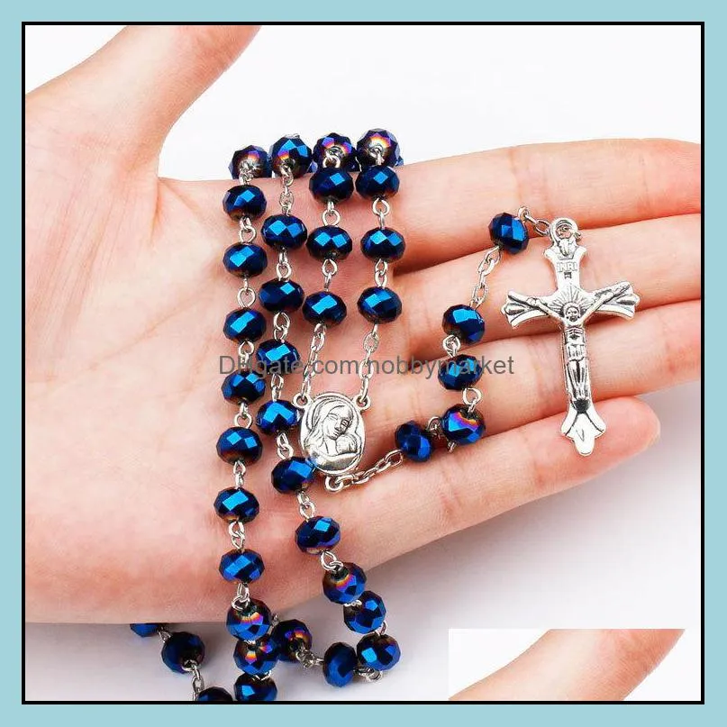 Mens Catholic Rosary necklace For Women Christian Jesus Virgin Mary Cross crucifix Pendant Galss Beaded chains Luxury Jewelry in Bulk