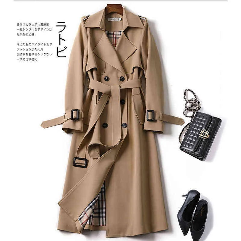 Estilo coreano Windbreaker Mulheres Long Casaco Primavera e Outono Plus Size Britânica Over-the-Knee Coat 211118