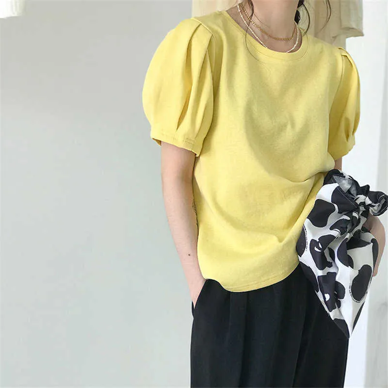 HziriP Summer New Arrival Puff Sleeves Solid Brief Chic 2021 Girls O-Neck Fashion Hot Women All Match Slim Streetwear T-Shirts X0628