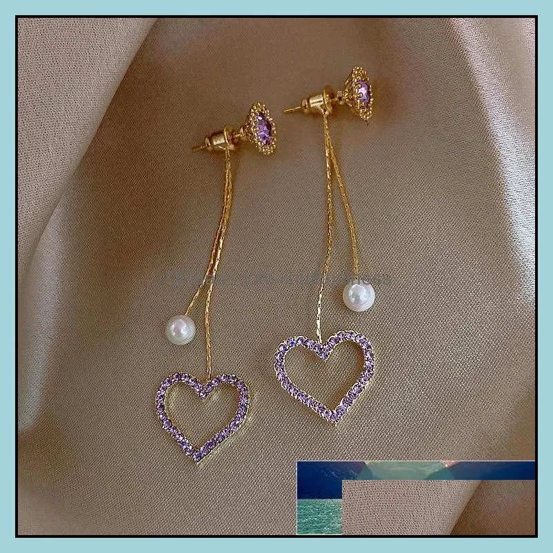 Dangle ljuskrona örhängen smycken koreanska lila peach hjärta simate-pearl tofs mode temperament lång hänge kvinna bijoux drop deliv