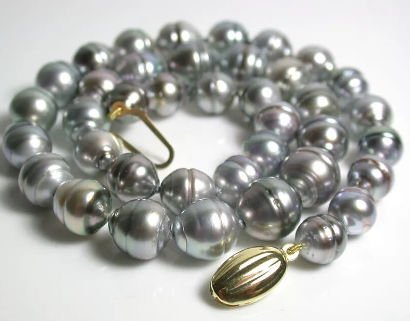 8-10mm grå naturlig pärla pärlhalsband + örhängen 14k guldlås Kvinnors present smycken