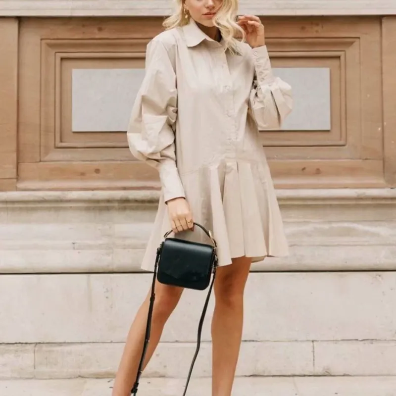 Woman Beige Loose Polyester Shirt Dress with Lantern Sleeves Long Sleeve  Above Knee Vintage Style from Dhgate Basic & Casual Dresses - price 50.24