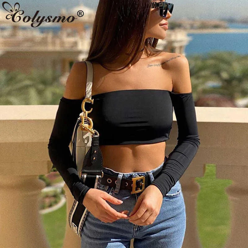 Colysmo Off Schulter Crop Tops Frauen Solide Dünne Casual T Tank Clubwear Sommer Elastische Rohr Top Gestellte Feminin 210527