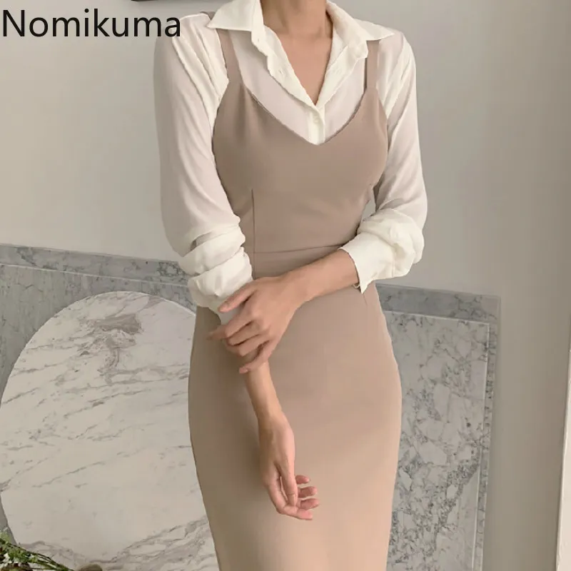 Nomikuma élégant Chic robe à bretelles Spaghetti femmes Vestidos couleur unie taille mince mi-mollet Camis robes Style coréen 3d405 210514