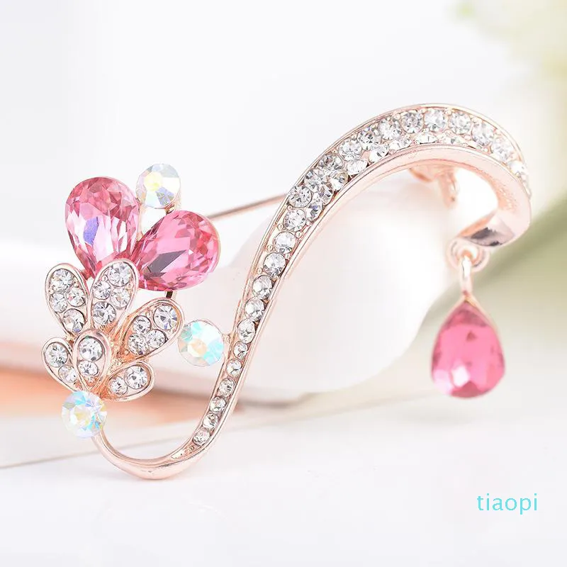 Broches de Metal con diamantes de imitación de cristal en forma de hoja de lujo, broche chapado en oro rosa, alfileres, joyería de moda nupcial para boda