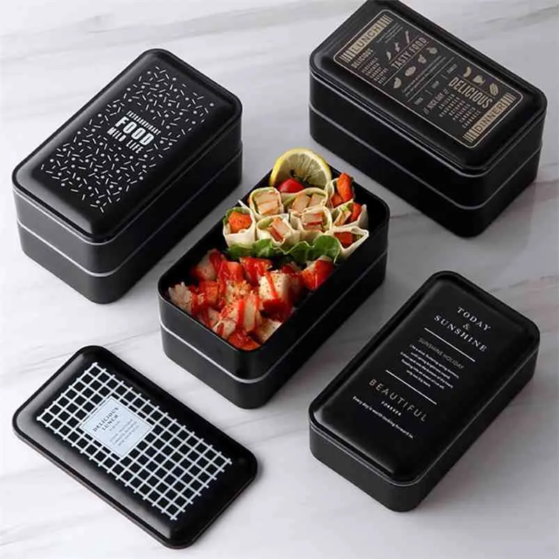 BPA Gratis Lunchkasse Dubbelskikt Portable Bento Miljövänlig Matbehållare med fackläcktäta mikrovågsugn 210423