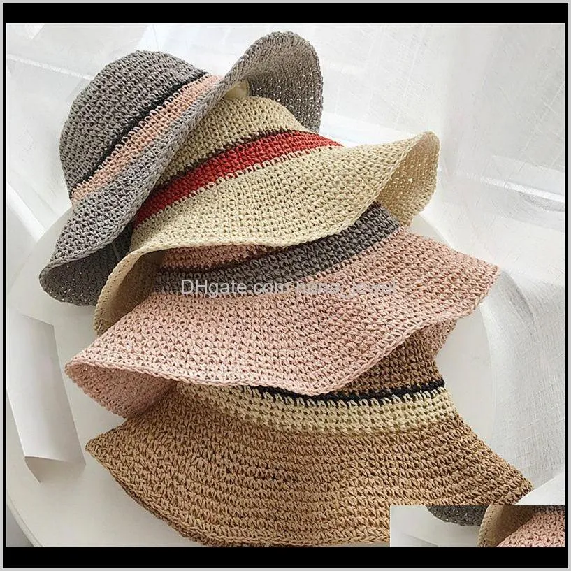 Women Handmade Crochet Straw Beach Sun Hat Contrast Color Stripes Adjustable Packable Wide Brim Sunscreen Holiday Bucket Cap1